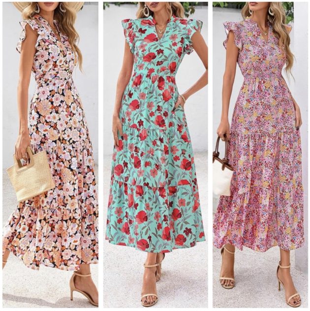 Women's Floral Cap Sleeve Midi Dress 